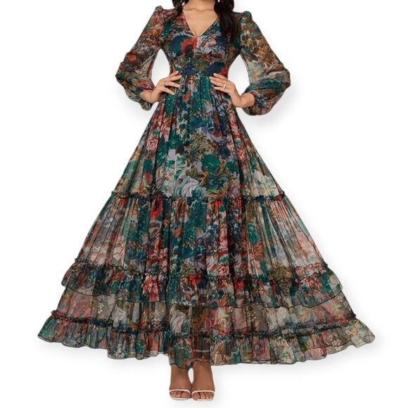 Glamorous Elegant Floral Print V-Neck Tiered Boho Chic Maxi Party Dress Small - Picture 3 of 16